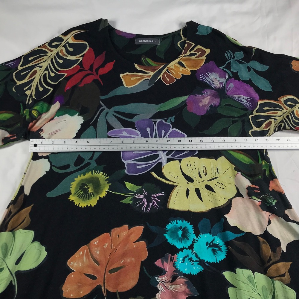 Alembika Black Tropical Floral Monstera Print A-Line Midi Dress Size 0 - Picture 3 of 10